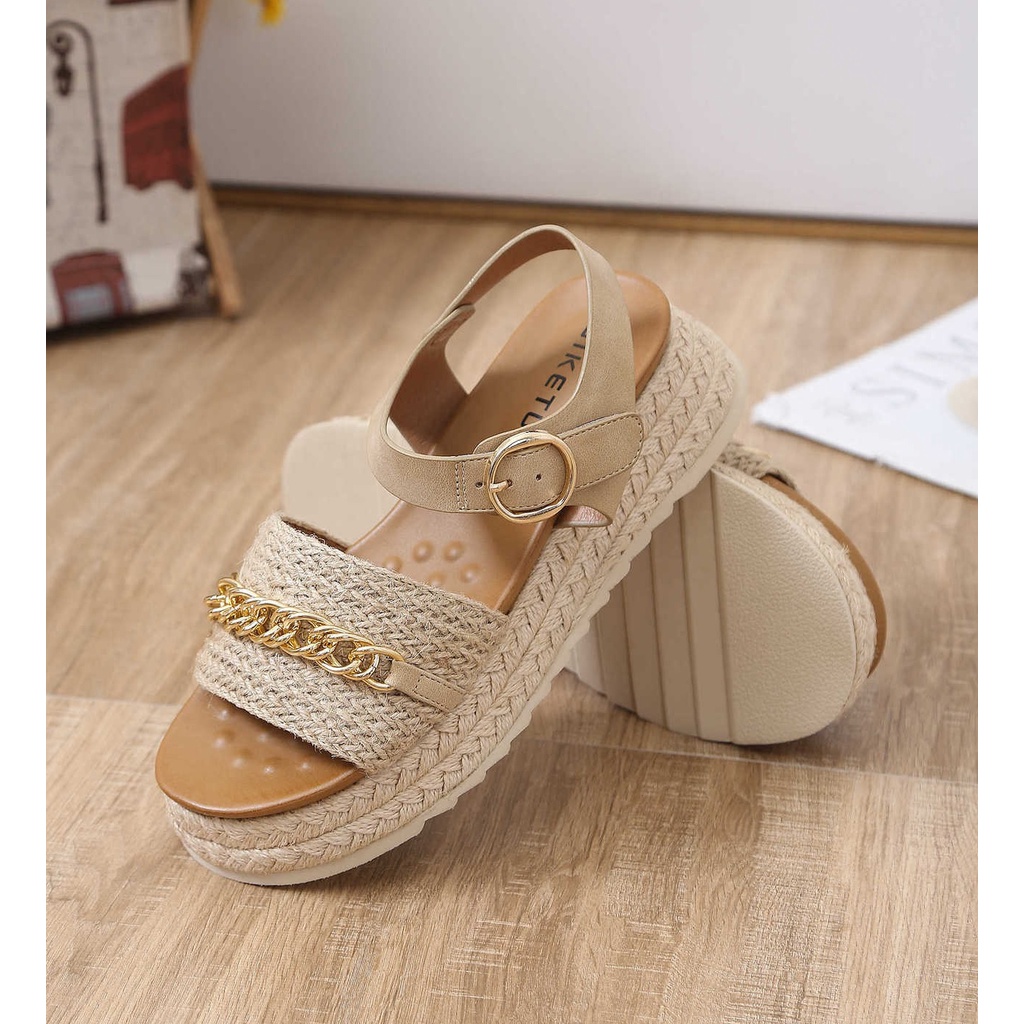 Giày sandal Siketu đế xuồng 5cm bọc cói, quai dán