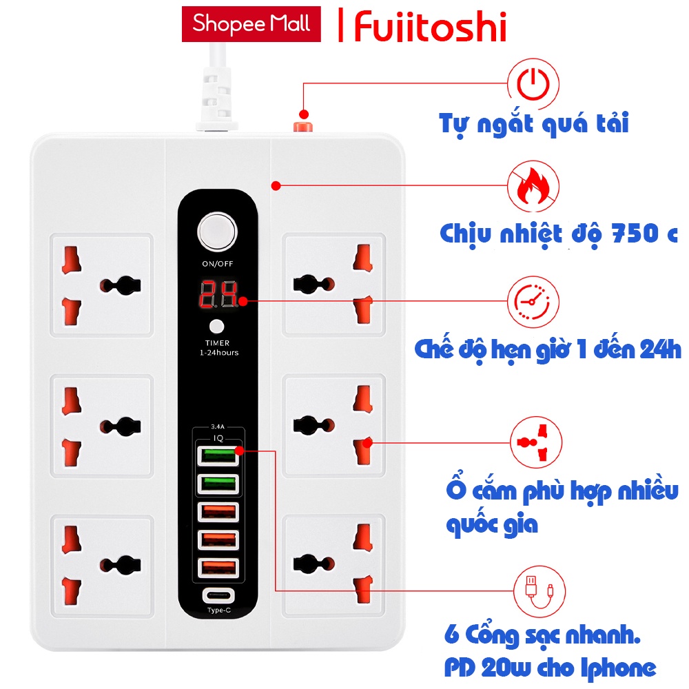 Ổ cắm điện thông minh Fuhitoshi Có hẹn giờ Ổ cắm 5 Cổng usb sạc nhanh 1 Cổng sạc PD 20w Chịu tải 3000W