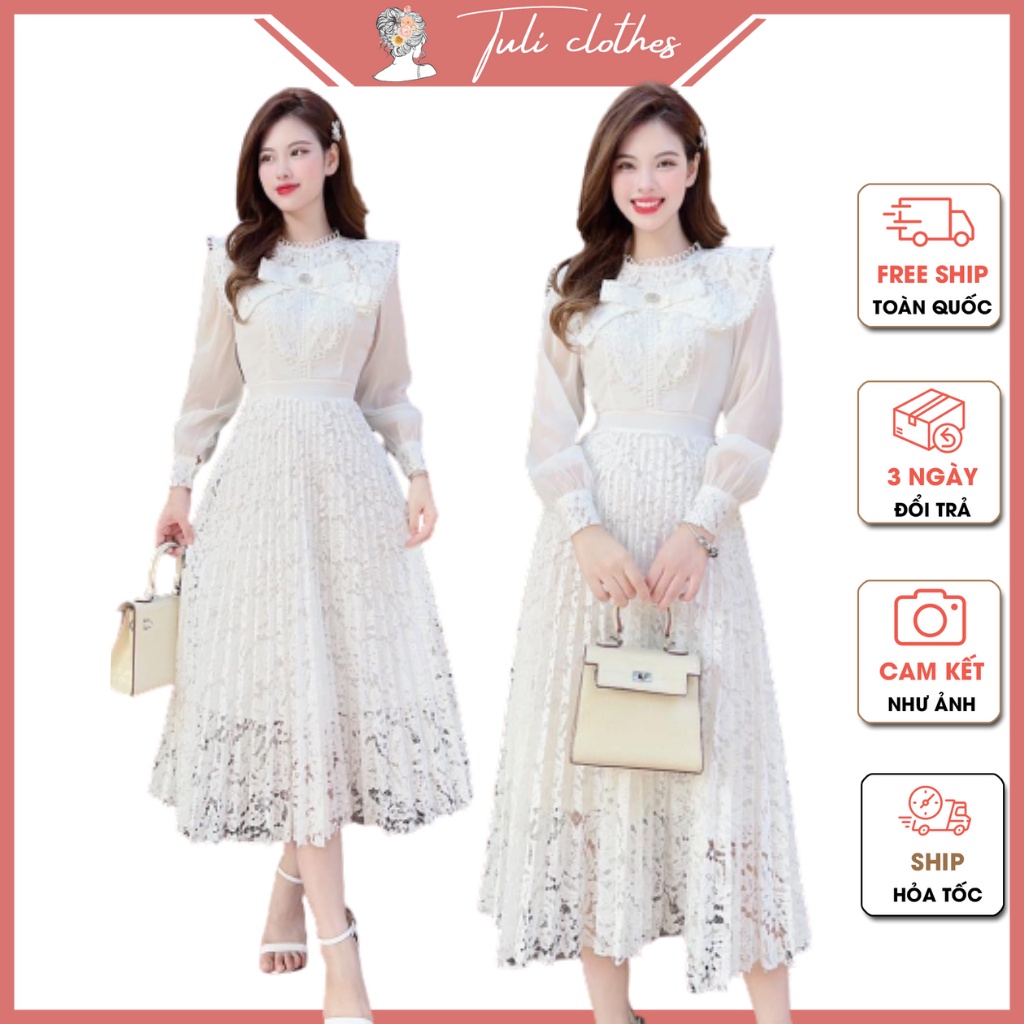 Váy ren thiết kế dáng dài cổ nơ dài tay phối voan | V177 | Tuli clothes - shop quần áo nữ