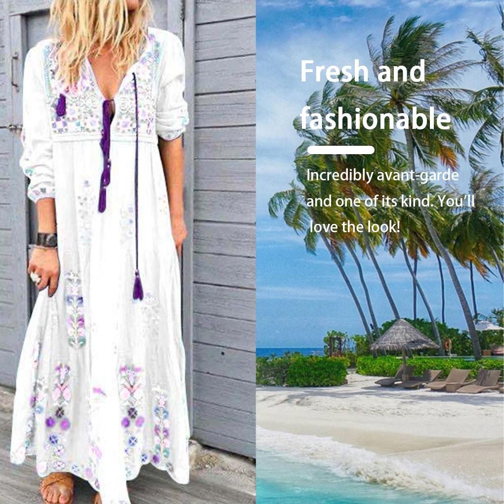 Đầm Maxi Tay Dài Cổ Chữ V Rút Dây In Họa Tiết Phong Cách Bohemian