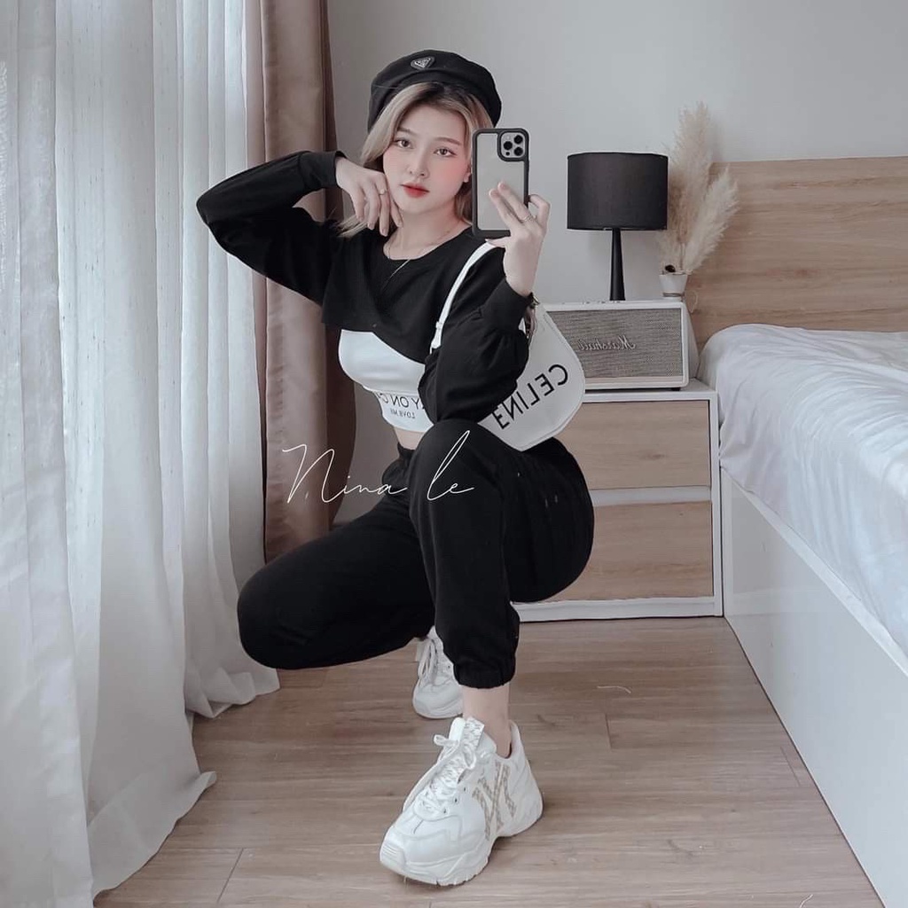 Sét đồ bộ nữ tay dài croptop trẻ trung phối quần tôn dáng cá tính siêu xinh