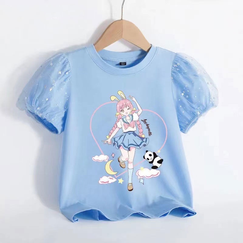 Áo Thun Tay Ngắn Phồng Bằng Cotton In Họa Tiết Dành Cho Bé Gái