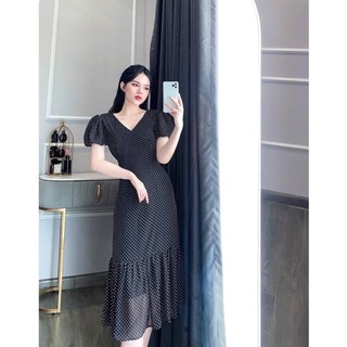 Đầm chấm bi đuôi cá cổ V tay bồng thanh lịch mã d60