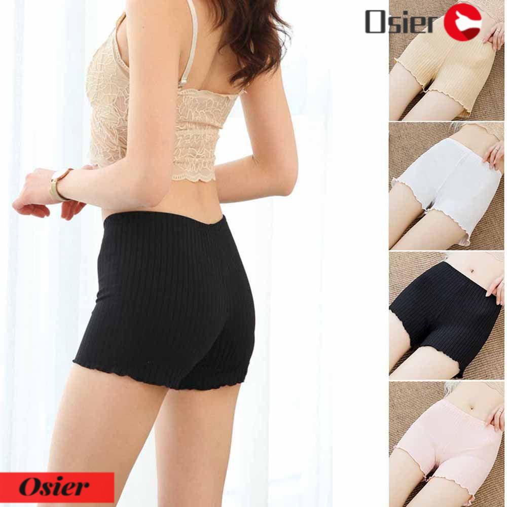 Osier1 Quần Lót Boxer Ngắn Lưng Cao Màu Trơn Viền Bèo Họa Tiết Kẻ Sọc Dọc Cho Nữ