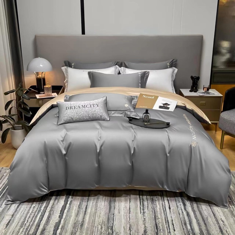 Bộ chăn ga gối lụa thương hiệu 𝐶𝑜𝑐𝑜 𝐶ℎ𝑎𝑛𝑒𝑙 𝑠𝑖𝑙𝑘 ga giường vỏ gối lụa thương hiệu thêu hoa trà nhà sam-store