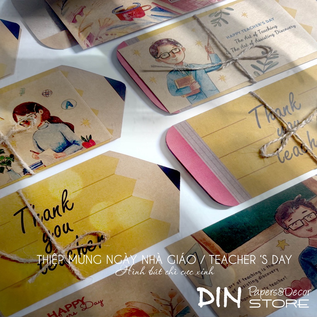 Thiệp Handmade tặng Giáo viên - Mừng ngày nhà giáo Việt Nam 20-11 - Pencil Kraft Card kiểu dáng bút chì- DIN Store