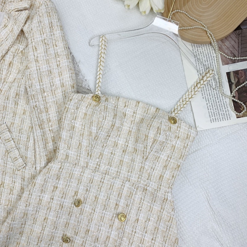 SÉT DẠ TWEED VÁY 2 DÂY KÈM ÁO VEST DÁNG DÀI