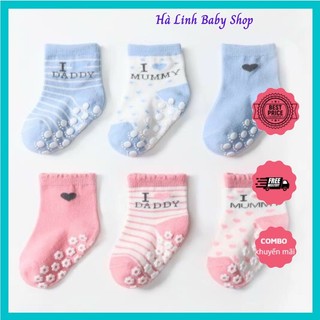 Sét 3 đôi tất cotton cổ cao chống trượt mummy daddy cho bé