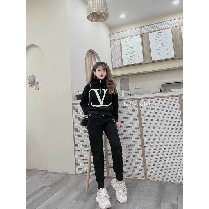 Set bộ nỉ bông áo hoodie dài tay có mũ in hình kèm quần jogger bo gấu có túi phong cách thể thao