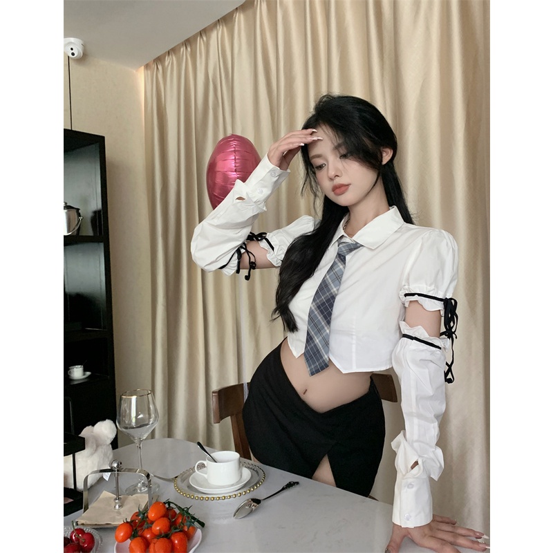 Set Áo Tay Phồng Ngắn + Chân Váy Ngắn Phối Cà Vạt Tháo Rời Được Thiết Kế Ngọt