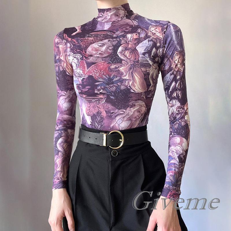 Áo Thun Nữ Tay Dài Cổ Cao In Hình Chân Dung Thời Trang