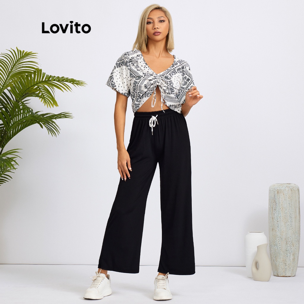 Áo kiểu Lovito họa tiết paisley dây rút thắt dây đơn giản L18X066 (màu trắng)