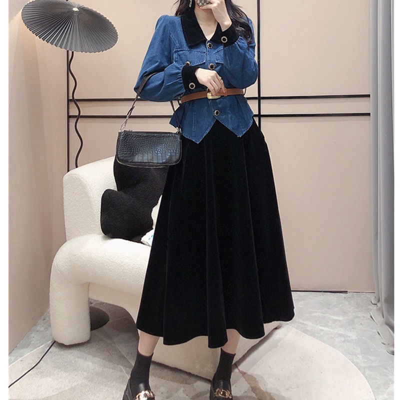 Bộ Áo Sơ Mi Denim + Chân Váy Lưng Cao Thời Trang Retro Cao Cấp Cho Nữ 2022