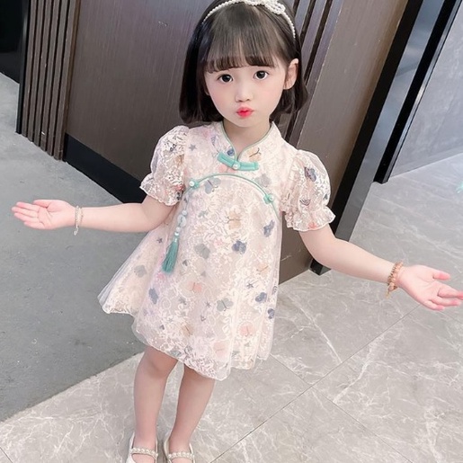 Đầm Sườn Xám Tay Ngắn Phối Ren Lưới Thời Trang Mùa Hè Xinh Xắn Cho Bé Gái