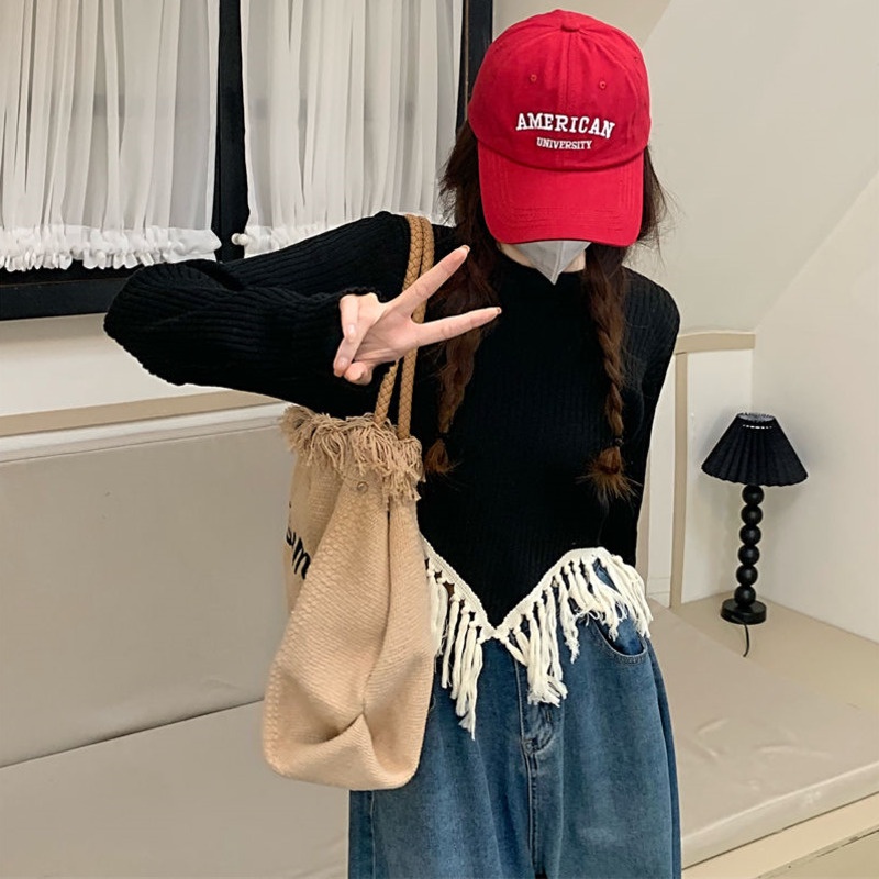 Áo Dệt Kim Dáng Rộng Phối Tua Rua Thời Trang Mùa Thu Hàn Quốc Hàng Mới Dành Cho Bạn Nữ