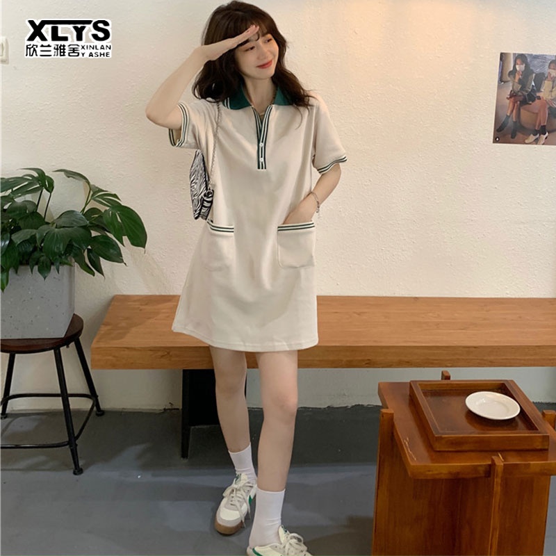 Đầm thể thao XINLANYASHE vải thun màu tương phản đơn giản thời trang trẻ trung dành cho nữ