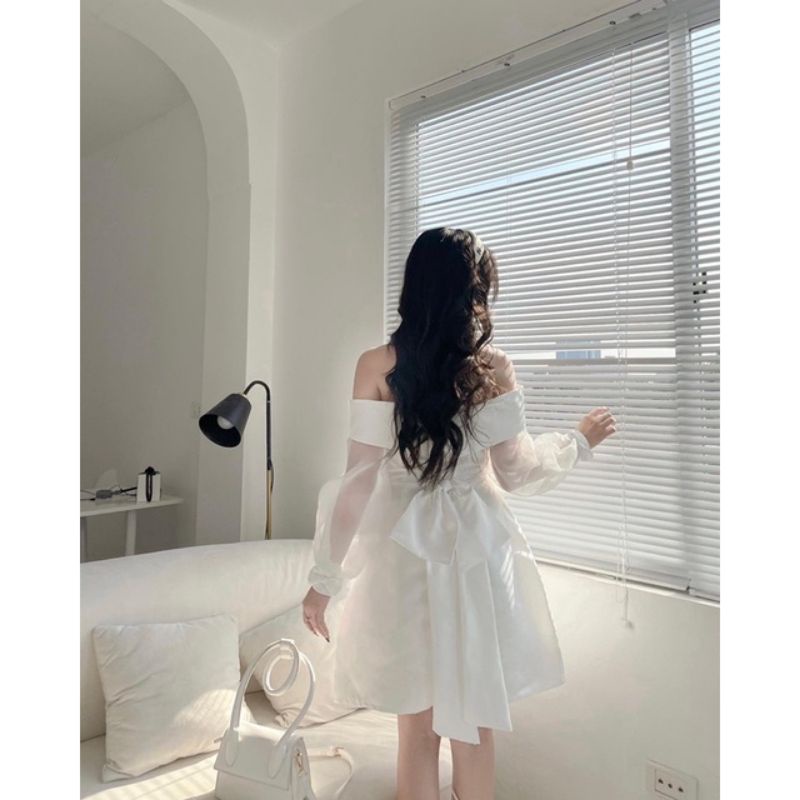 ❤❤Váy xòe trễ vai tay tơ nơ bánh bèo💯💯