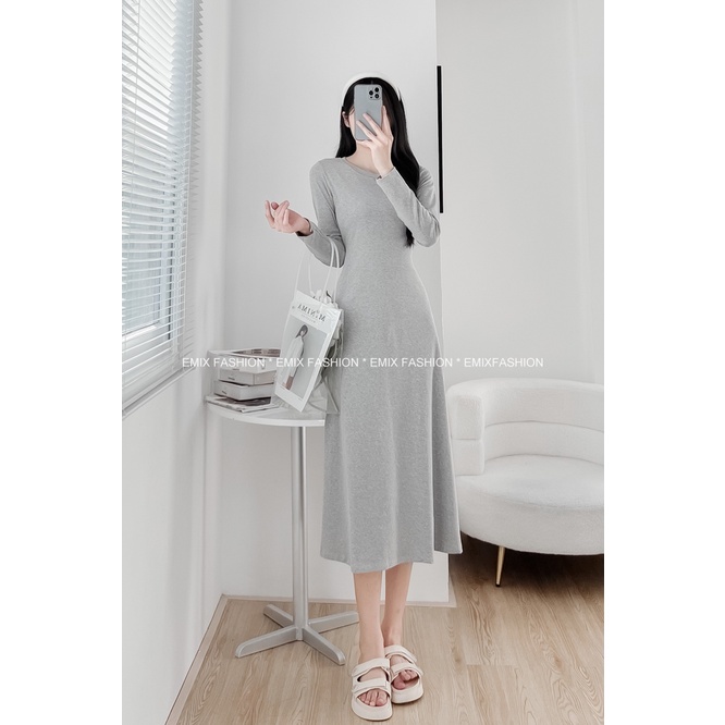 Váy maxi thun xoè EMIX, đầm chữ A dài tay, dáng dài, cổ tròn, freesize dưới 58kg 188