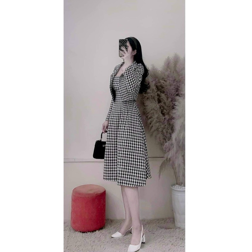 Sét đầm caro nữ 2 dây from dài dáng xòe sang chảnh kèm áo khoác ngoài, hàng thiết kế