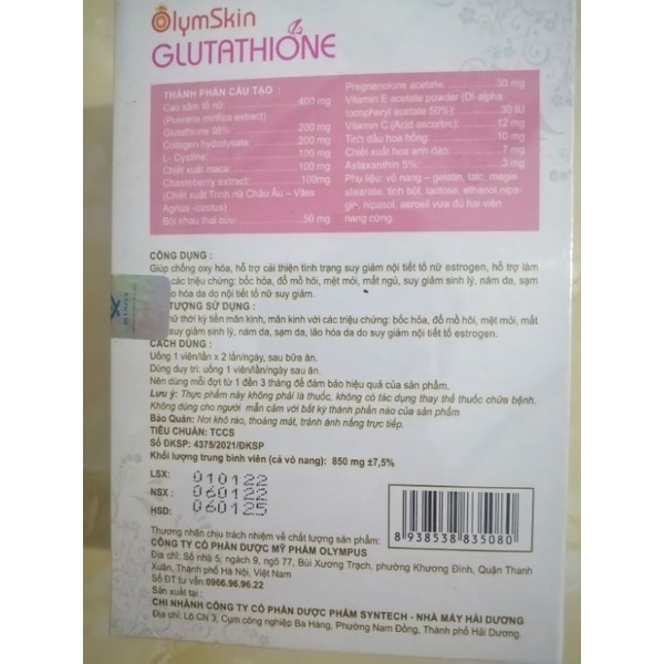 Viên uống chống oxy hóa làm đẹp da sáng da OLYMSKIN GLUTATHIONE Cao sâm tố nữ L-Cystin Collagen Glutathion