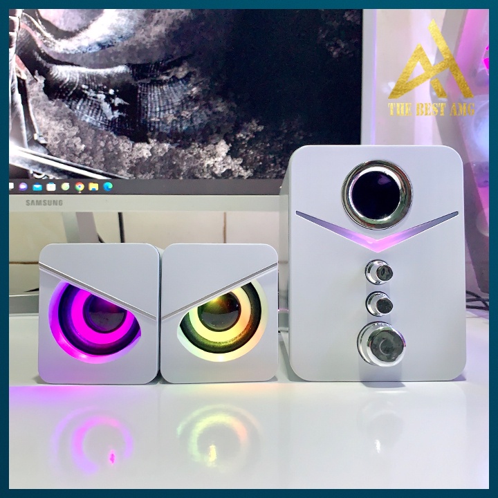 Loa Máy Tính Để Bàn Mini Led RGB 2.1 Kisonli U-3100 Màu Trắng - Loa Vi Tính Laptop PC Có Dây Bass Siêu Trầm