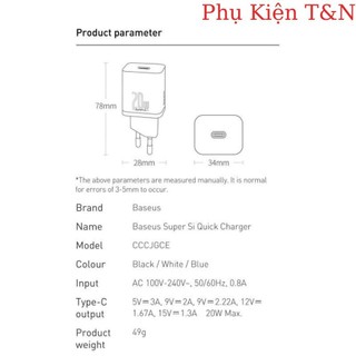 Củ Sạc Nhanh Iphone PD 20W Thương Hiệu Baseus
