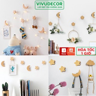 Móc Gỗ Treo Tường Vivudecor Hình Trăng Mây Sao, Móc Dán Tường Chịu Lực Siêu Dính Treo Đồ Đa Năng