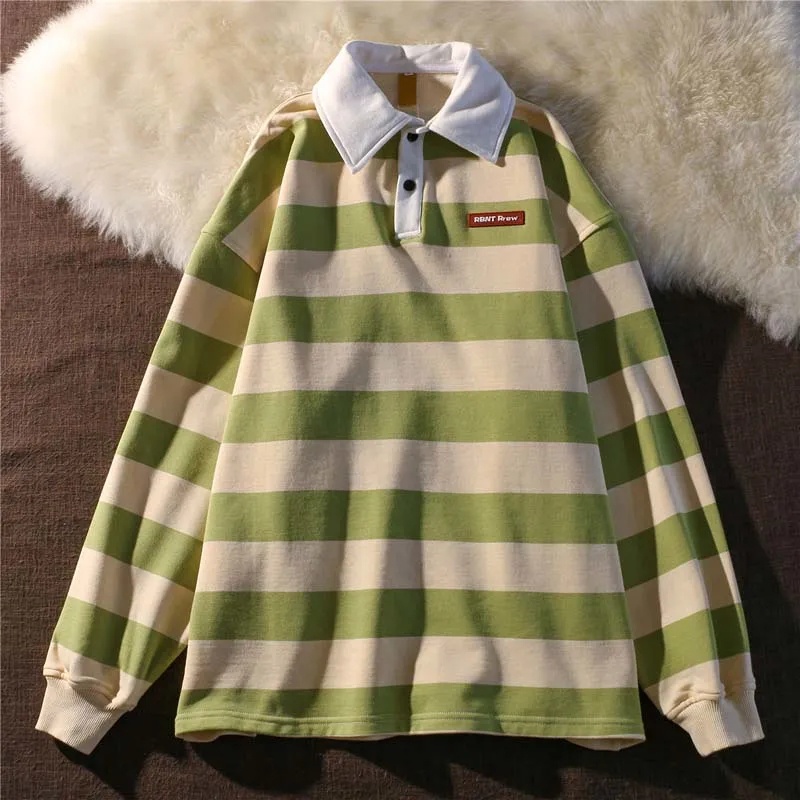 Áo Thun Sweater Tay Dài Kẻ Sọc Màu Xanh Lá Thời Trang Xuân Thu Cho Nữ