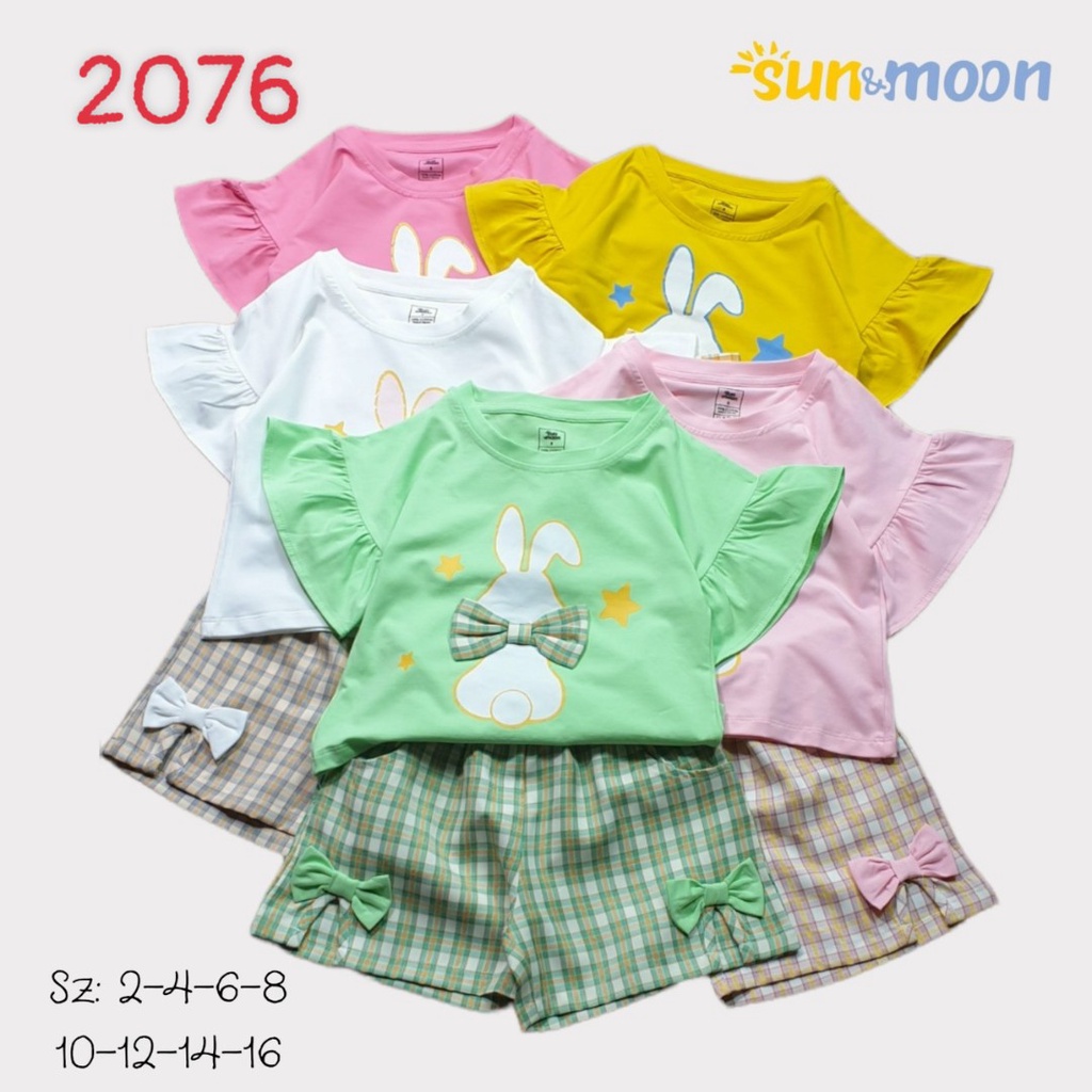 Sun&Moon Bộ đùi bé gái quần vải caro áo thun in thỏ nơ vải 10-45kg