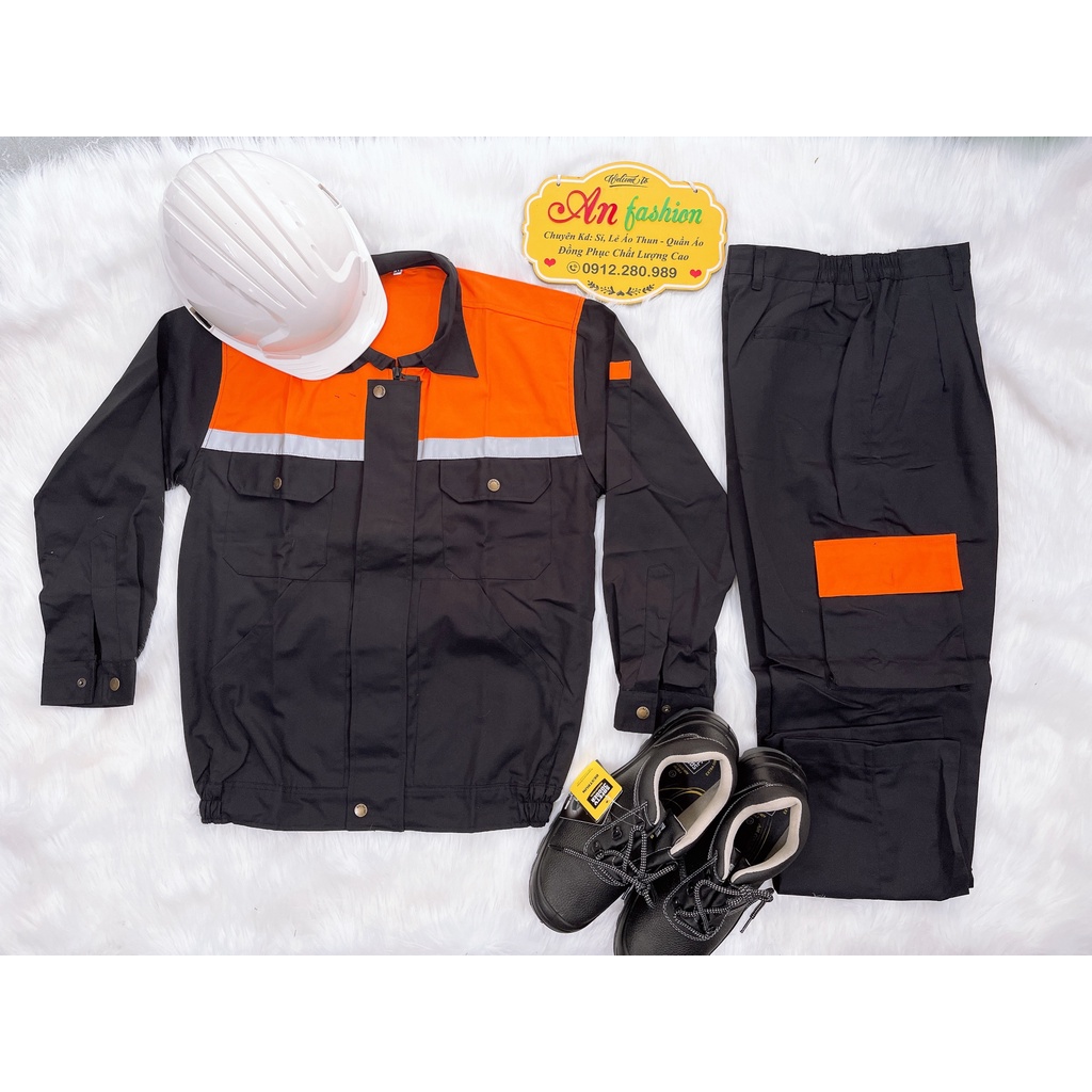 Đồ bảo hộ lao động, Quần áo công trình vải kaki may đẹp màu đen phối cam _ Hình chụp thật