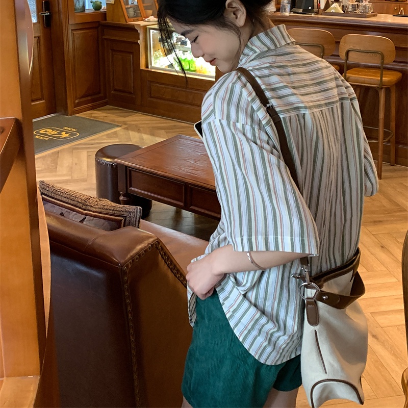 Áo sơ mi SUXI tay ngắn dáng rộng họa tiết kẻ sọc phong cách cổ điển thời trang mùa hè cho nữ