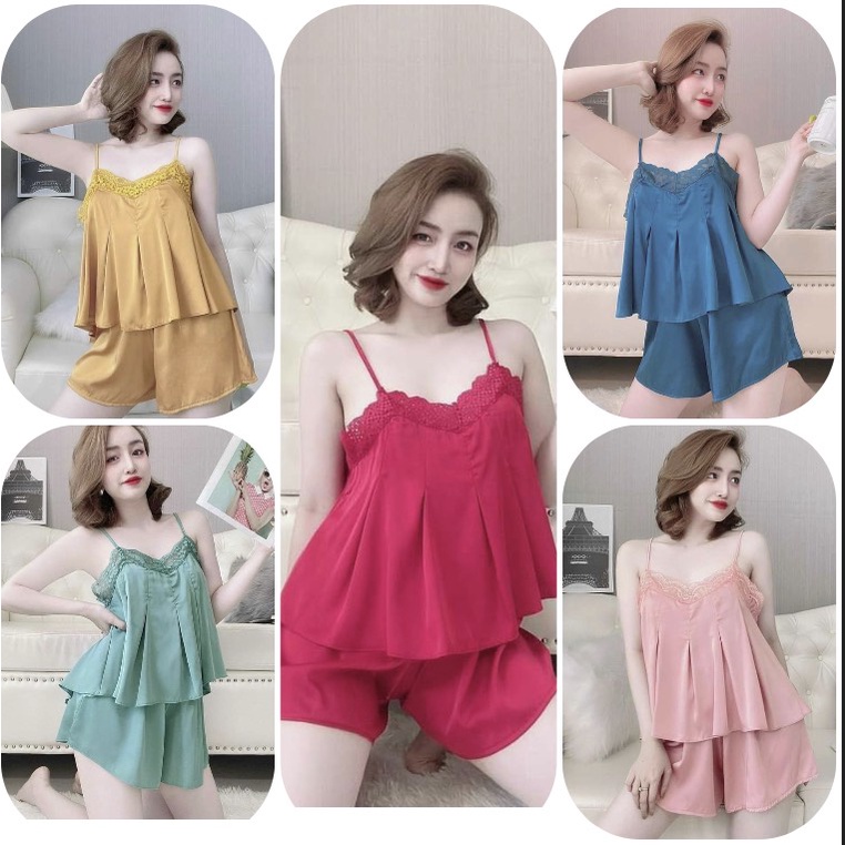 Set Bộ Ngắn Hai Dây Phối Ren Siêu Xịn Mịn Vải Lụa Satin Xinh Xắn Freesize Dưới 60kg Nguyên Khánh Store