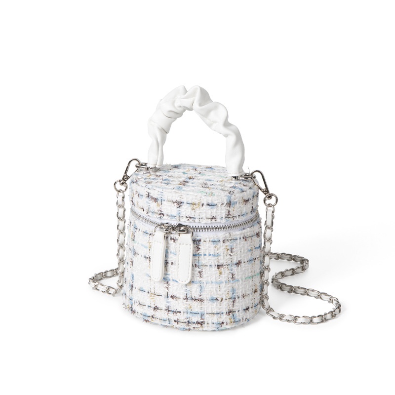 Túi Đeo Chéo Bằng Vải Len Phối Dây Xích Hình Trụ Thời Trang Dành Cho Nữ