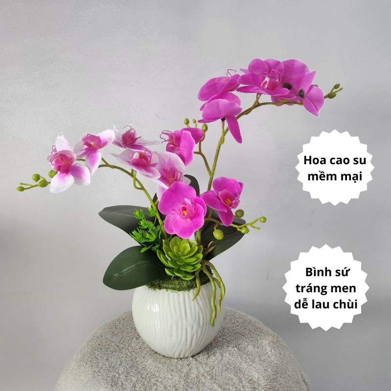 Bình Hoa Lan Hồ Điệp giả chất liệu cao su mềm mại trang trí deocr bàn ăn, bàn làm viêc, tủ kệ, bàn khách,..