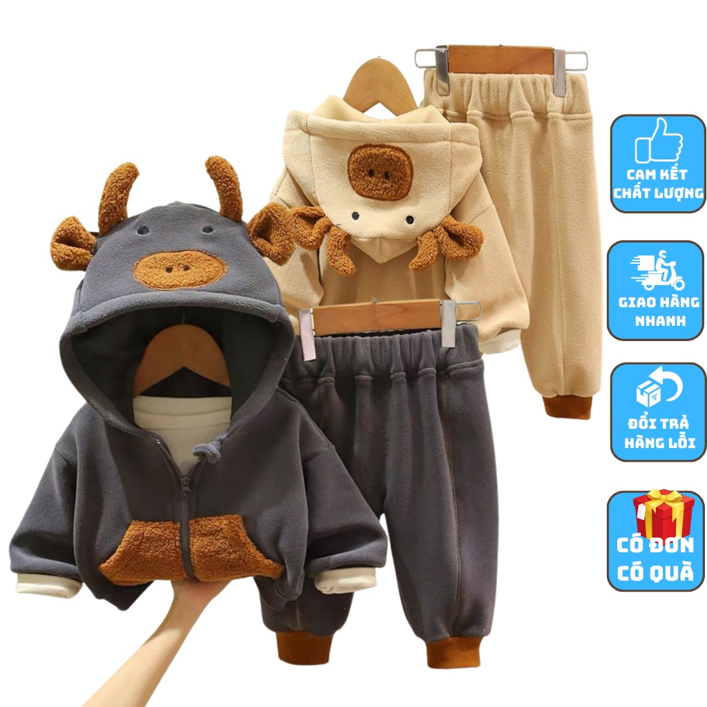 Bộ Nỉ Áo Khoác Có Mũ Tai Gấu Bộ Áo Khoác Quần Nỉ Thu Đông Cho Bé Từ 6-28Kg-KANGMIN KIDS