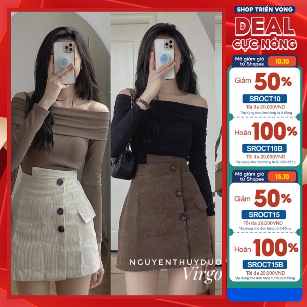 SET ÁO LEN TĂM TRỄ VAI siêu xinh mix chân váy nhung tăm cúc lệch