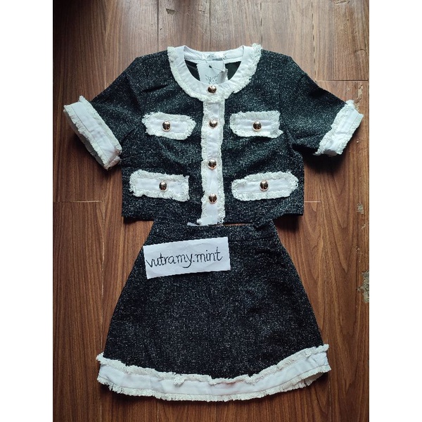 VIDEO ẢNH THẬT Set Áo Dạ Tweed Chân Váy Viền Đen Trắng