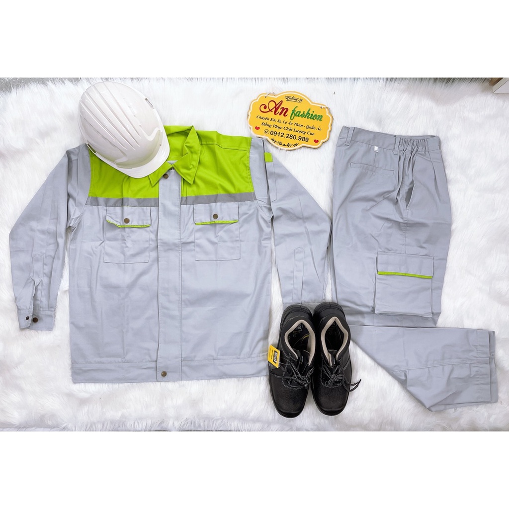 Đồ bảo hộ lao động, Quần áo công trình vải kaki may đẹp màu xám phối xanh tay dài _ Hình chụp thật