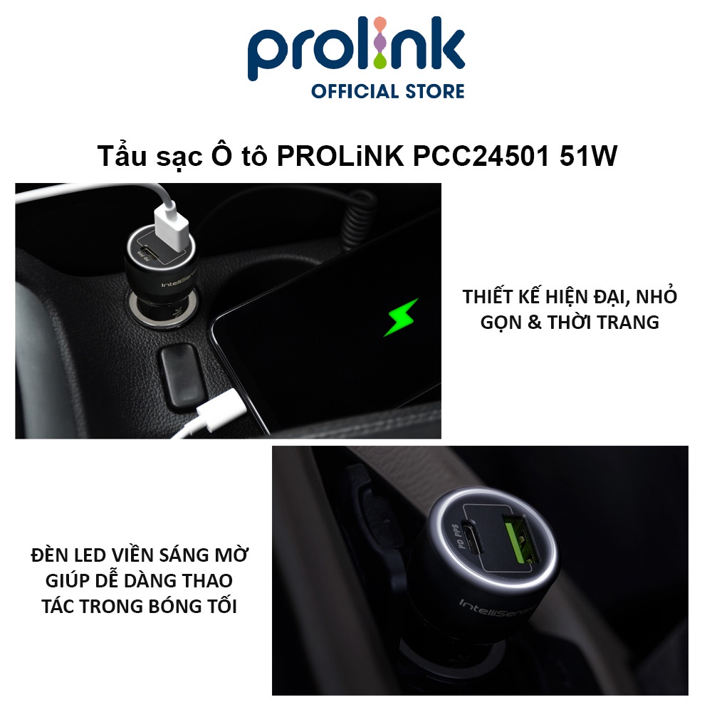 Tẩu sạc Ô tô PROLiNK PCC24501 51W 2 cổng USB-A QC 3.0 & USB-C PD 3.0 IntelliSense, sạc nhanh cho thiết bị di động