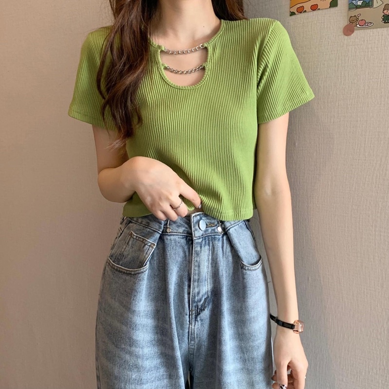 🌱ÁO CROPTOP TAY NGẮN PHỐI XÍCH🌱 ÁO THUN NỮ NHIỀU MÀU