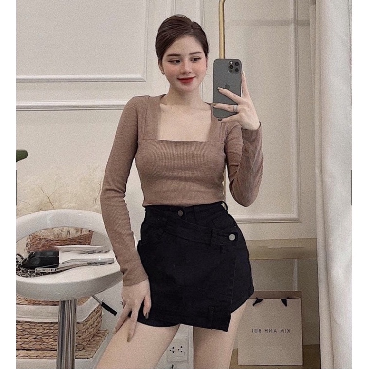 Áo Thun Gân Tay Dài Nữ Cổ Vuông Chữ U, Áo Kiểu Dáng Ôm Body
