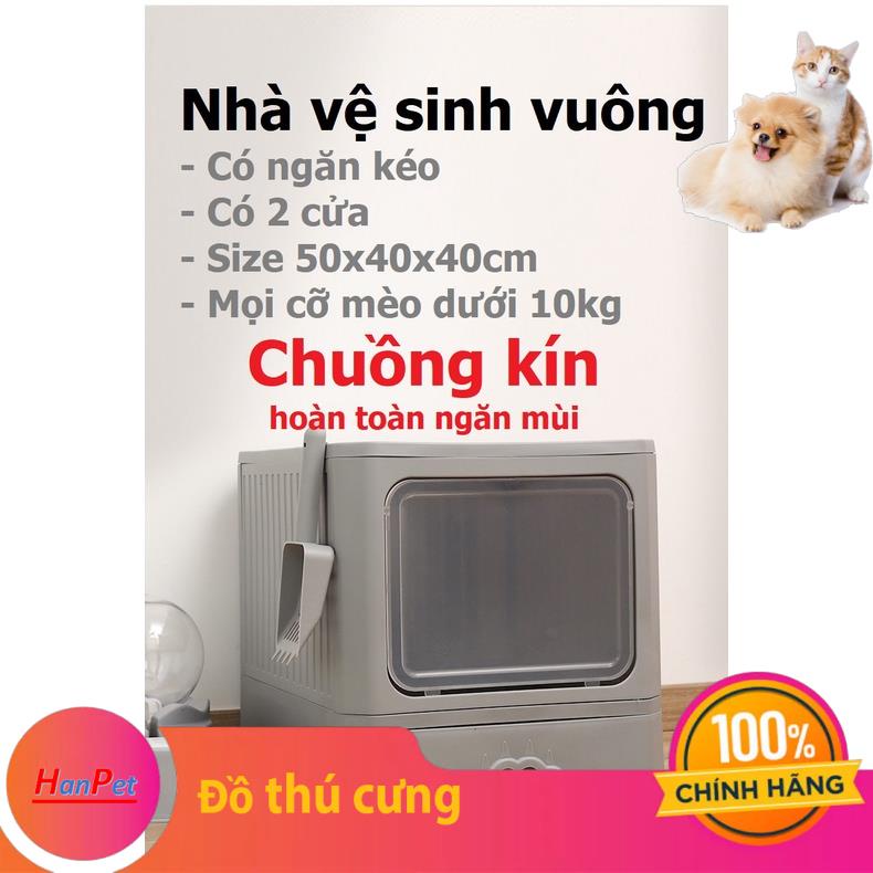 Nhà vệ sinh cho mèo VUÔNG có ngăn kéo khép kín có cửa vào ra riêng chống văng cát kèm xẻng