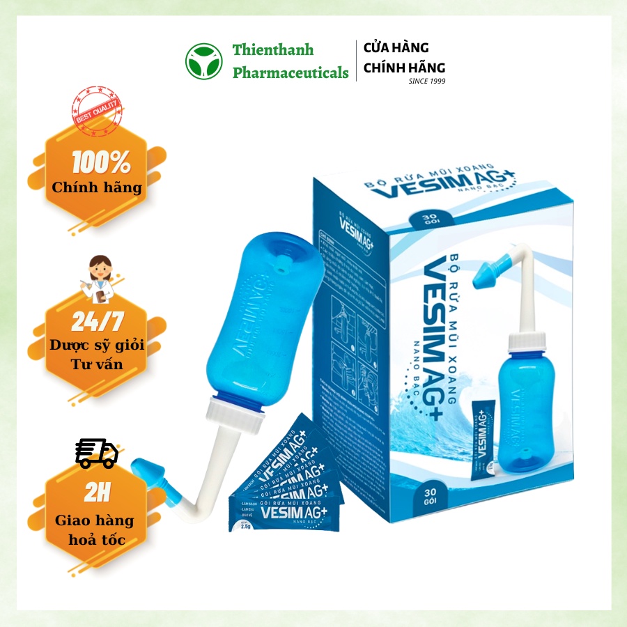 Bộ rửa mũi Vesim AG+ Nano bạc cải tiến 300ml và 30 gói muối rửa mũi xoang Nano Bạc vệ sinh mũi, ngăn ngừa viêm xoang