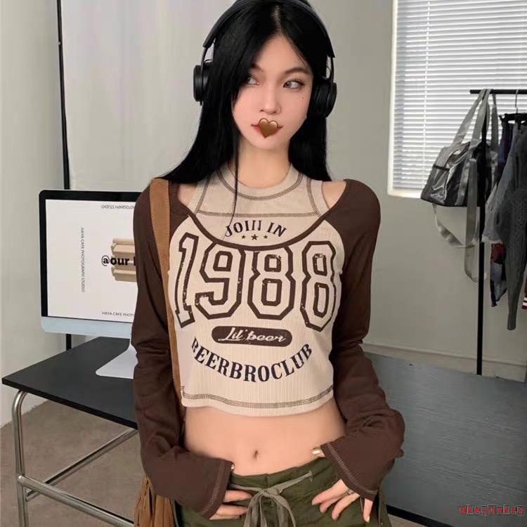 Áo Croptop Tay Dài In Chữ Phối Màu Tương Phản Cho Nữ