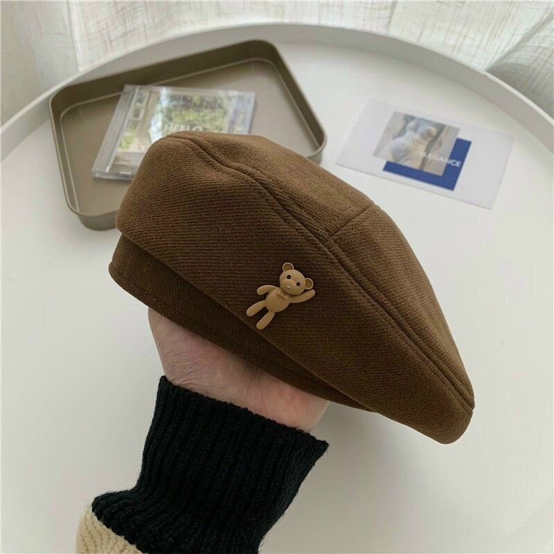 Mũ nồi beret len nâu cao cấp họa tiết gấu phong cách Retro