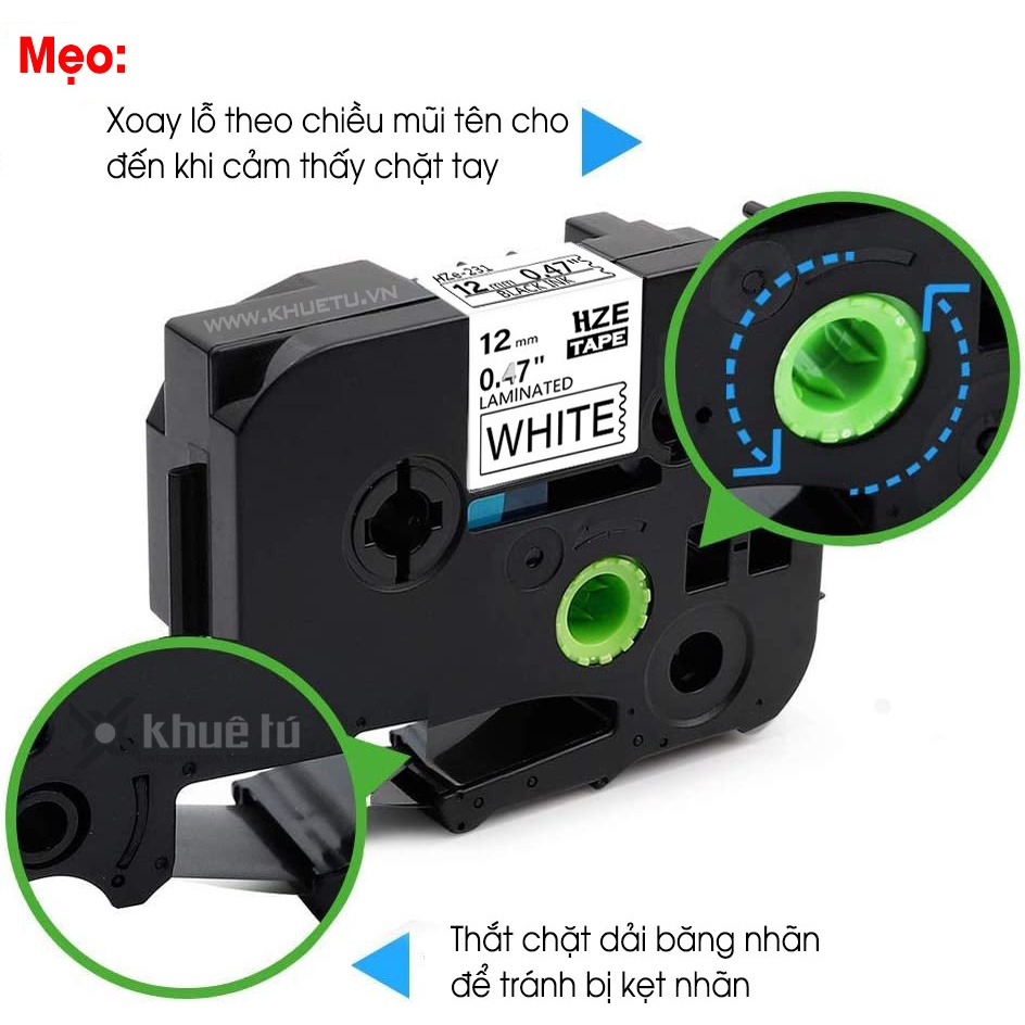 Băng nhãn HZe màu trắng , khổ 6-36 mm dùng cho máy in nhãn Brother