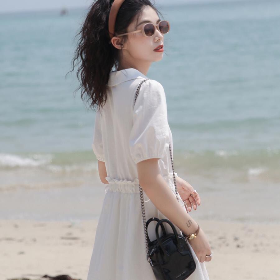 Women's 2022 New Summer Korean Style White Shirt Waist-Tight Slimmer Design Lace-up Mid-Length Dress