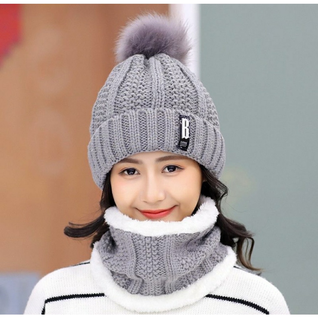 Nón nữ mùa đông phiên bản hàn quốc mũ len mùa thu dệt kim ngọt ngào và dễ thương kèm khăn choàng cổ y hình