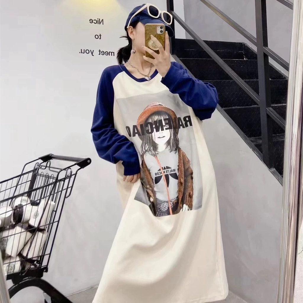 Váy suông in hình cô gái chữ balen chất thun loại 1 mùa thu đông dáng dài tay bo 3 màu dễ thương - Tirahouse