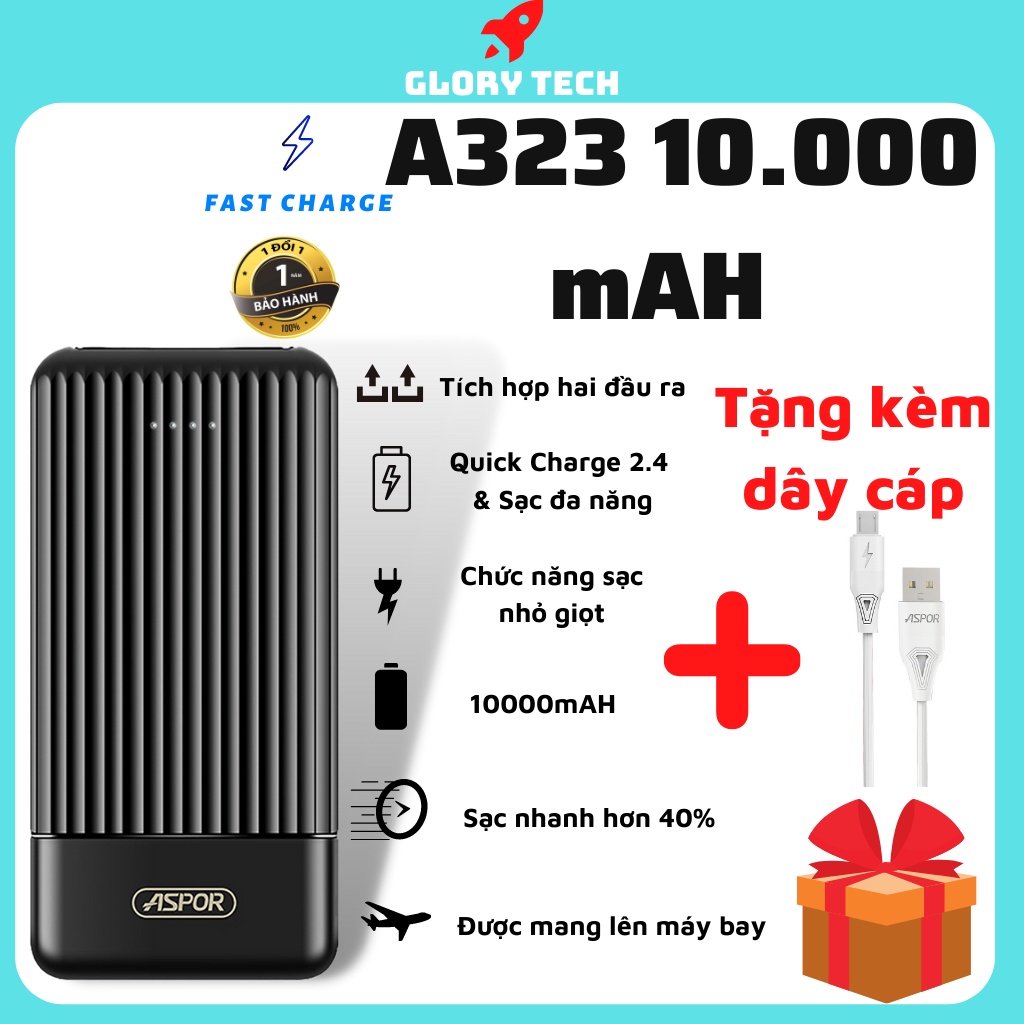 🎁TẶNG DÂY SẠC🎁 Pin dự phòng ASPOR A323 10.000mAh + 2 Cồng - Sạc dự phòng tích hợp sạc nhanh 2.4A cho Điện Thoại| Laptop
